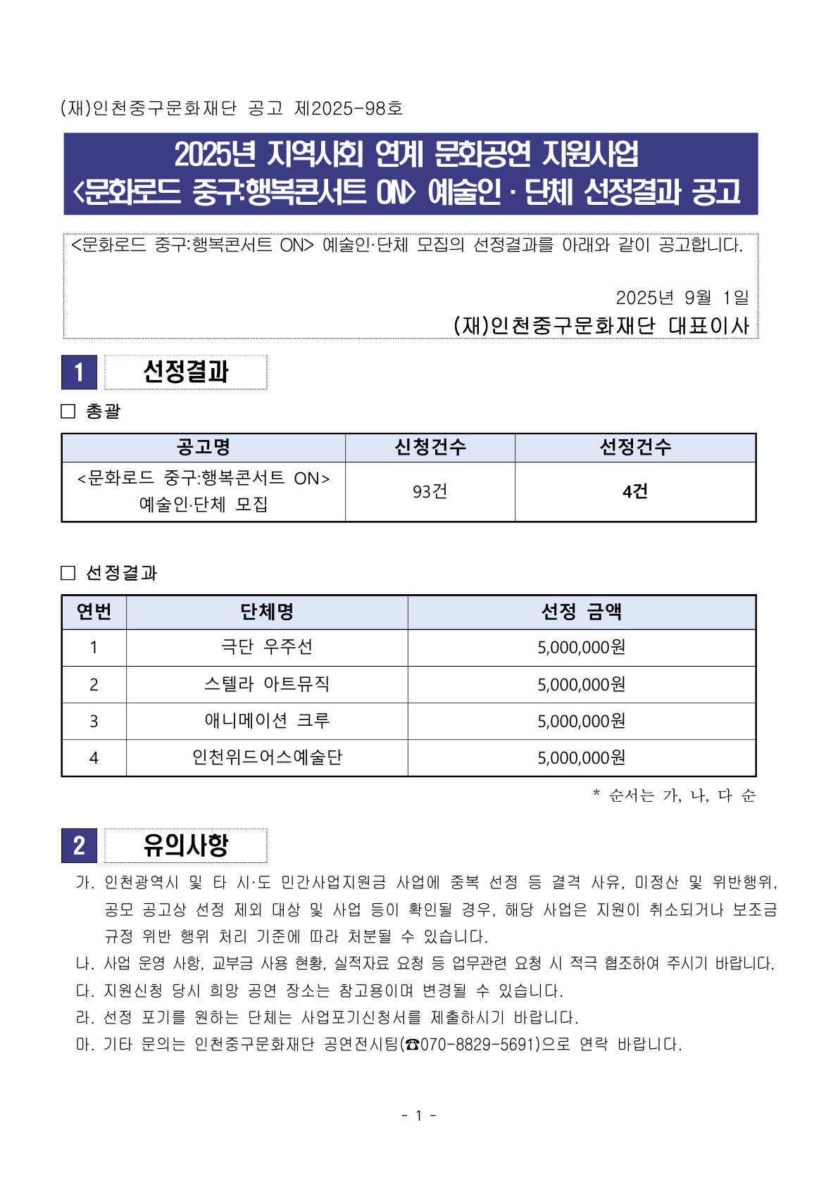 예술인 선정결과 공고문